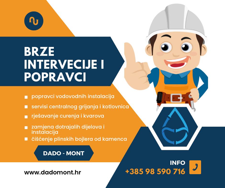 BRZE INTERVENCIJE I POPRAVCI  Naše usluge uključuju: * Hitne popravke vodovodnih instalacija * Servis i popravke centralnog grijanja i kotlovnica * Rješavanje curenja i kvarova * Zamjena dotrajalih dijelova i instalacija * Čišćenje plinskih bojlera od kamenca
